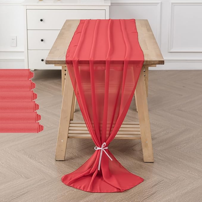 flohar 6Pack 9ft Christmas Chiffon Table Runner 14x108 Inch Sheer Romantic Table Runner for Wedding Birthday Party Bridal Shower Outdoor Decoration-Red