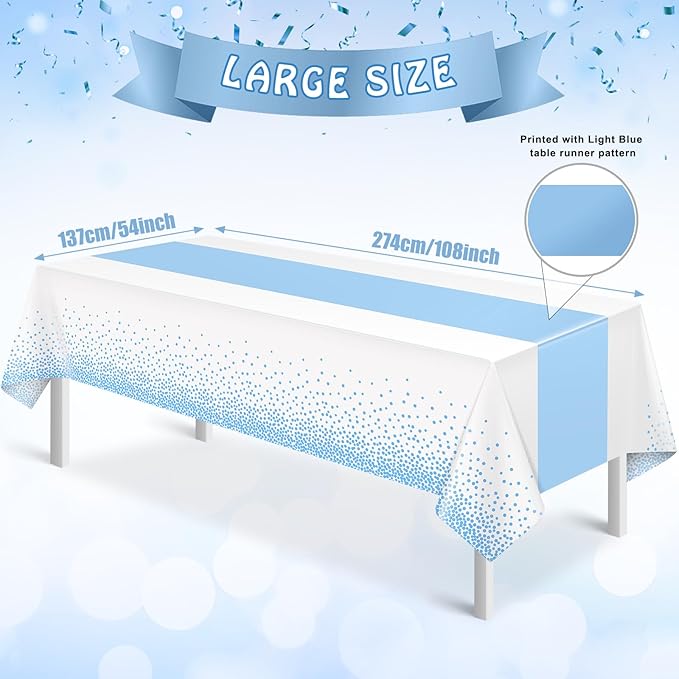 MASHAN 3Pcs White and Light Blue Tablecloth Party Decorations,Plastic White Table Cloth Printed Baby Blue Table Runner Disposable Rectangle Cover for Birthday Baby Shower Wedding Party,54 x108 Inch