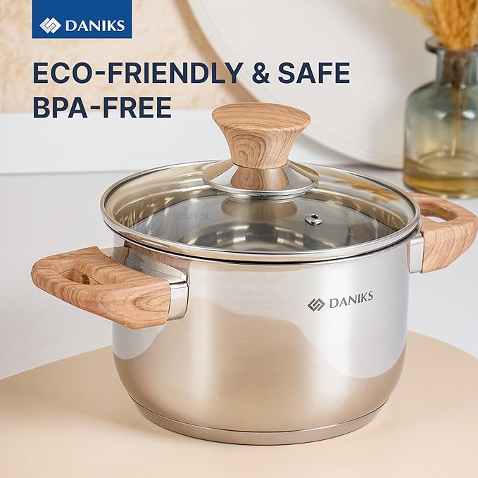 Daniks Oslo 6-Piece Stainless Steel Cookware Set with Glass Lids, Tri-Ply Bases for Even Heating, Induction Compatible, Dishwasher Safe, Bakelite Handles