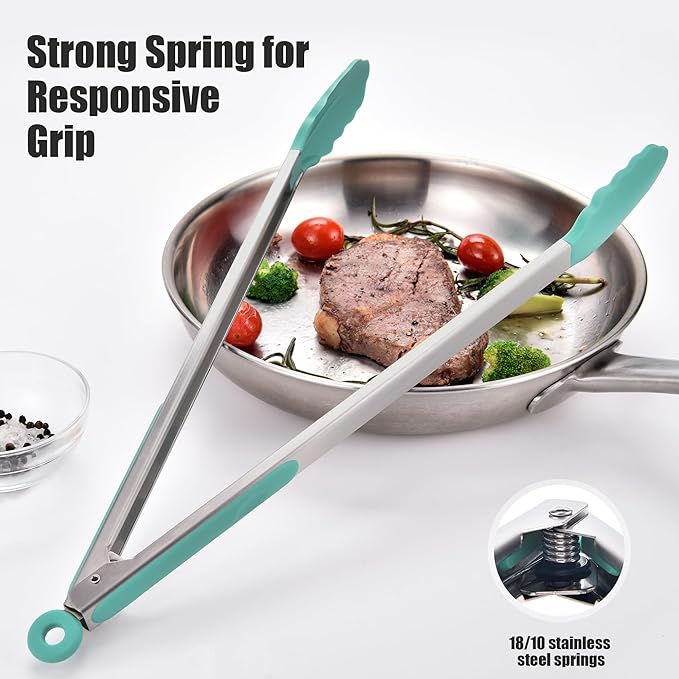 Doosu Kitchen Tongs for Cooking - 600째F Heat Resistant Food Tong with Non-Scratch Silicone Tips, Heavy Duty Stainless Steel Locking Tong for BBQ, Grilling Steak, Serving Salad, Pasta (16in, Aqua Sky)