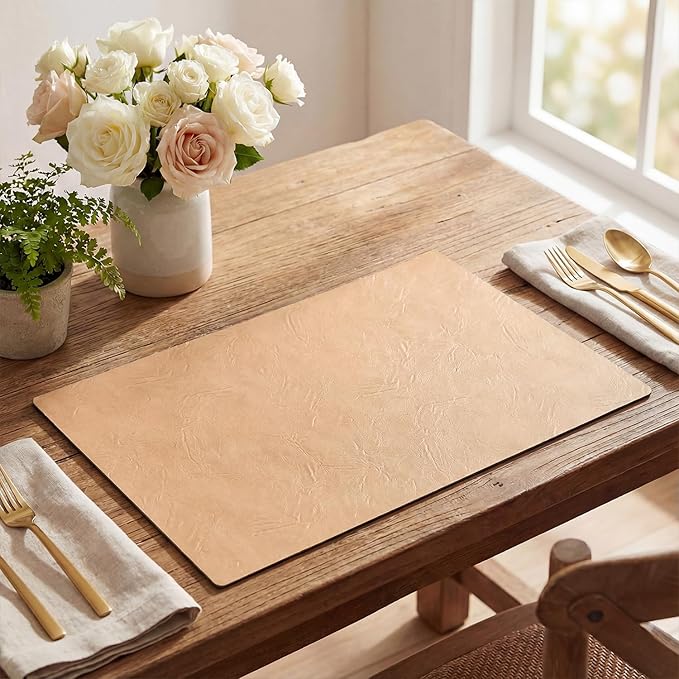 Artoid Mode Pink Faux Leather Placemats Set of 4, 12x18 Inch Waterproof Wipeable Heat Resistant Place Mats, Reversible Table Mats for Spring Kitchen Dining Decor