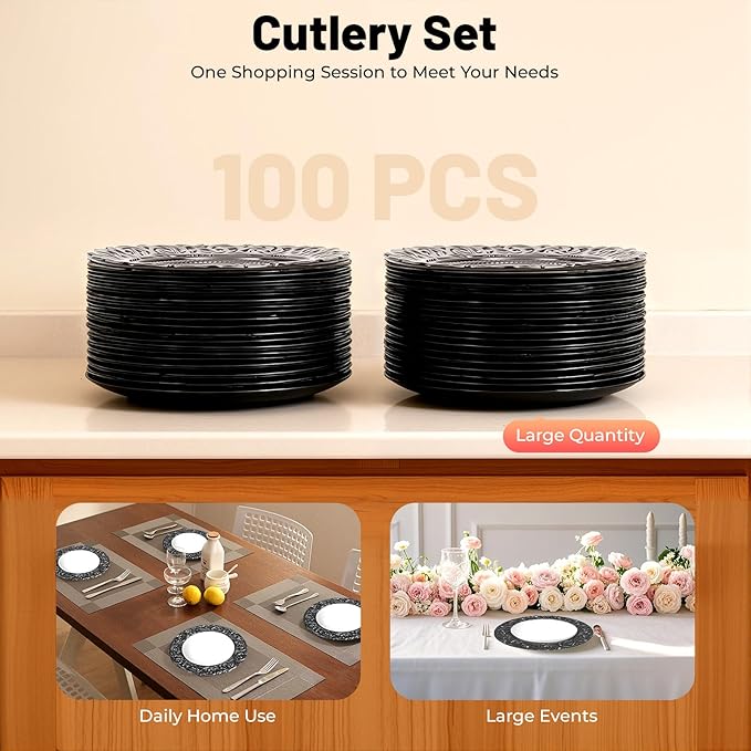 100pcs Black Charger Plates, 13" Round Reusable Decorative Flower Relief Carving Bulk Chargers for Dinner Plates, Wedding, Bridal Shower