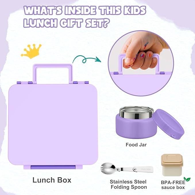 Aimsnk Bento Lunch Box for Kids with 9oz Soup Thermo Leak-Proof Lunch Food Container with 5 Compartment Thermo Hot Food Jar and Insulated Lunch Bag for Kid Toddler Girls Boys to School(Purple)