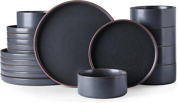 LERATIO Ceramic Dinnerware Sets for 6, High Edge Stoneware Plates and Bowls Set, Chip and Crack Resistant | Oven & Dishwasher & Microwave Safe Dishes Set, Service for 6 -Ashen