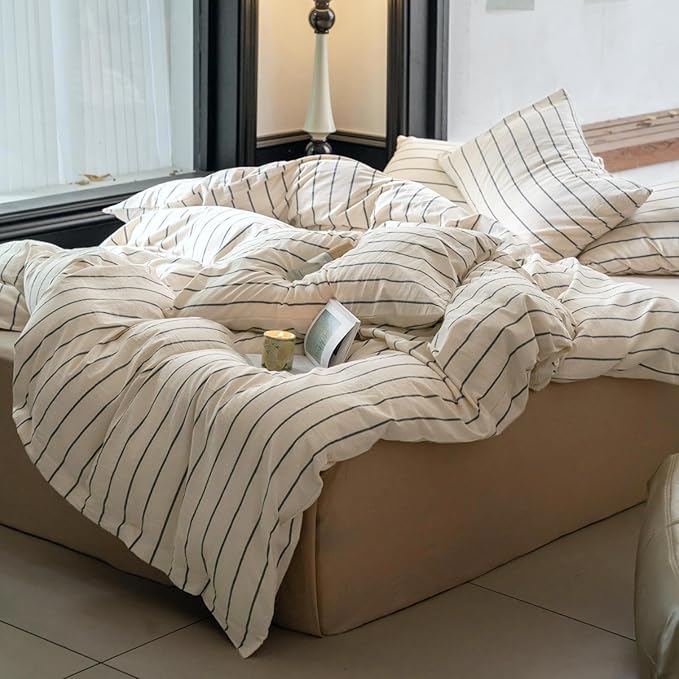 LifeTB Striped Comforter Set Full Size Grey Stripes Pattern Printed Comforter 3 Pieces Lightweight Boho Bedding Comforter Set for All Seasons Breathable Soft Fluffy Beige Comforter with 2 Pillowcases