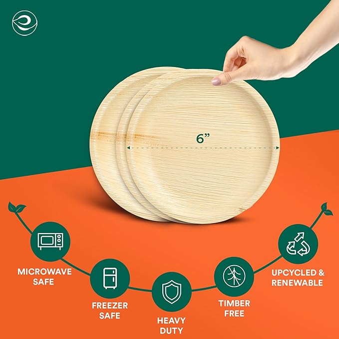 ECO SOUL Palm Leaf Plates 6" Round (100 Count) - Disposable, Eco-Friendly, Biodegradable Bamboo Appetizer Plates - Perfect Dinnerware for Christmas Parties, Weddings, Events & Holidays