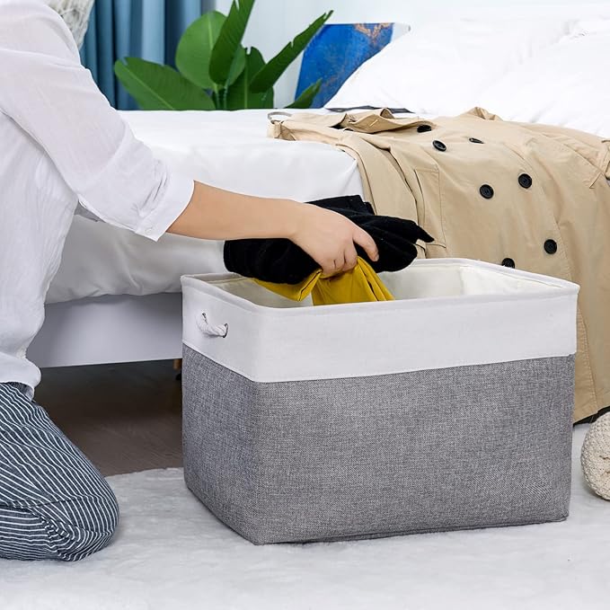 TheWarmHome Storage Bins Baskets for Organizing, 20.5L횞15.7W횞13.8H 3 Pack Sturdy Fabric Storage Basket W/Handles, Decorative Foldable Storage Baskets for Shelves Closet Nursery Toy (White & Grey)
