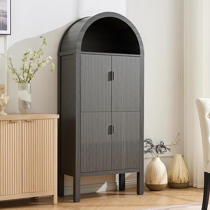 71" Tall Arched Fluted Storage Cabinet - Modern Pantry Cabinet with 4-Tier Shelves, Open Display & Sealed Storage, Accent Sideboard for Living Room Kitchen Dining Room (Dark Gray)