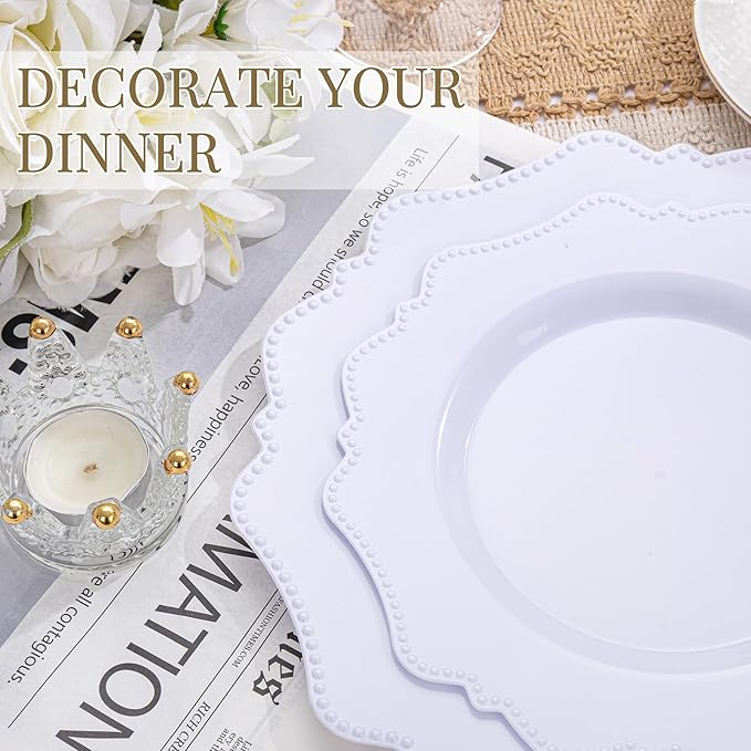 COLOSUS 60PCS White Plastic Plates for 30 guests-Fancy Plastic Beaded Plates,Disposable Christmas plastic plates,Include 30 PCS 10.5" Dinner Plates & 30PCS 8.25" Dessert-Platos for Christmas