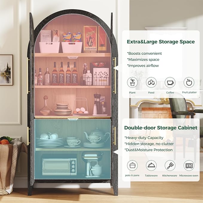63??Arched Kitchen Pantry Cabinet ??5-Tier Modern Farmhouse Storage Cabinet w/Glass & Fluted Doors, Adjustable Shelves for Kitchen, Living Room, Entry, Office, Engineered Wood, Black
