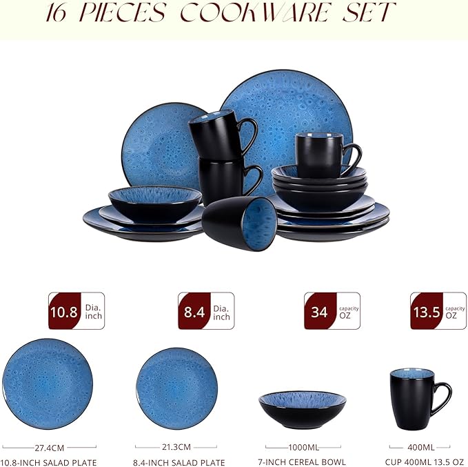 Stoneware Dinner Set Reactive Glaze (16pc Set, Capri Blue)