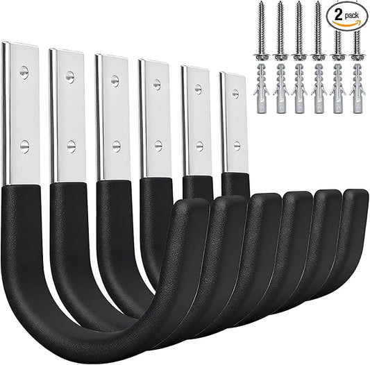 Heavy Duty Wall Hooks, Garage Storage Utility Hooks, Steel Wall Mount Hanger, Tool Organizer Hose Hanger Steel U Hooks for Garage & Garden (6, Black)