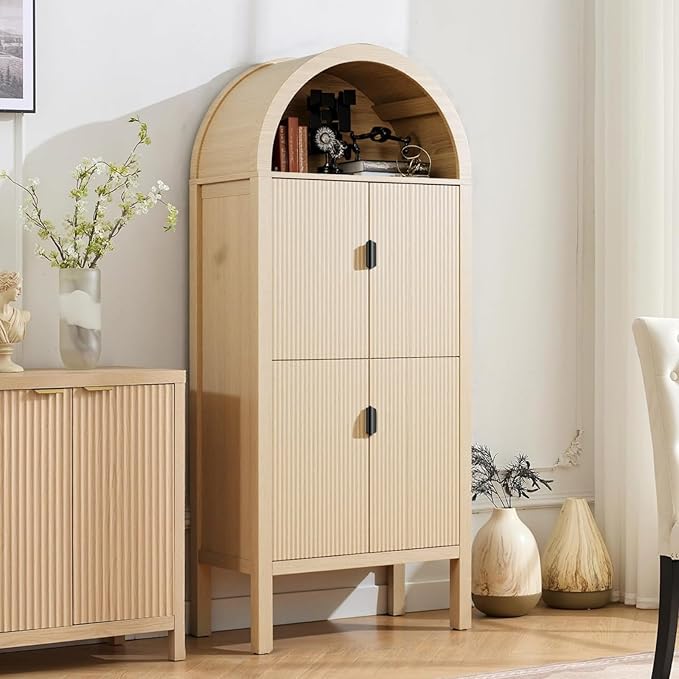 71" Tall Arched Fluted Storage Cabinet - Modern Pantry Cabinet with 4-Tier Shelves, Open Display & Sealed Storage, Accent Sideboard for Living Room Kitchen Dining Room (Natural Wood)