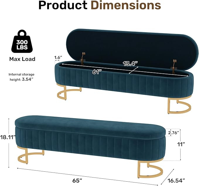 VIROL 65 Inch Storage Ottoman Bench Velvet End of Bed Storage Bench King Size Upholstered Tufted Bench Large Space for Bedroom Living Room Entryway Dark Blue