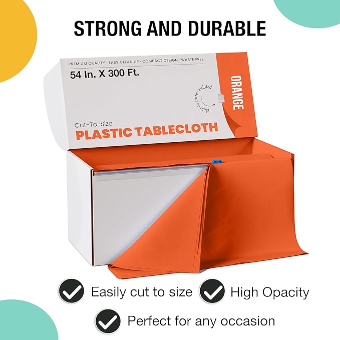Party Solids 54 Inch X 300 Feet Orange Plastic Table Cover Roll in A Cut - to - Size Box with Convenient Slide Cutter. Cuts Up to 36 Rectangle 8 Feet Plastic Disposable Tablecloths