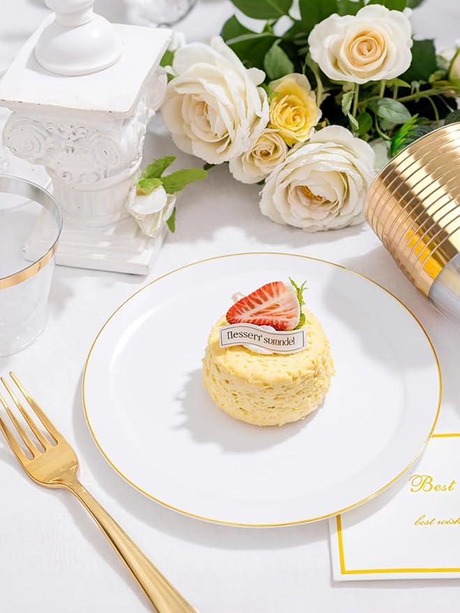 WDF 150Pcs White and Gold Plastic Plates - Gold Plates Disposable - 25guest Disposable Dinnerware Include 25 Dinner Plate, 25 Dessert Plate, 25 Cutlery & 25 9oz Cups for Wedding Party Valentine's Day