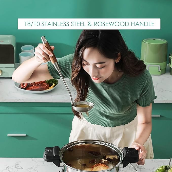 18/10 Stainless Steel Kitchen Utensils Set with Wood Handle - 15?쒶etal Cooking Tools & Serving Utensil, 8-Pieces Cooking Spoons Set - Spatula, Ladle, Skimmer, Turner, Pasta, Solid Spoon, Slotted Spoon