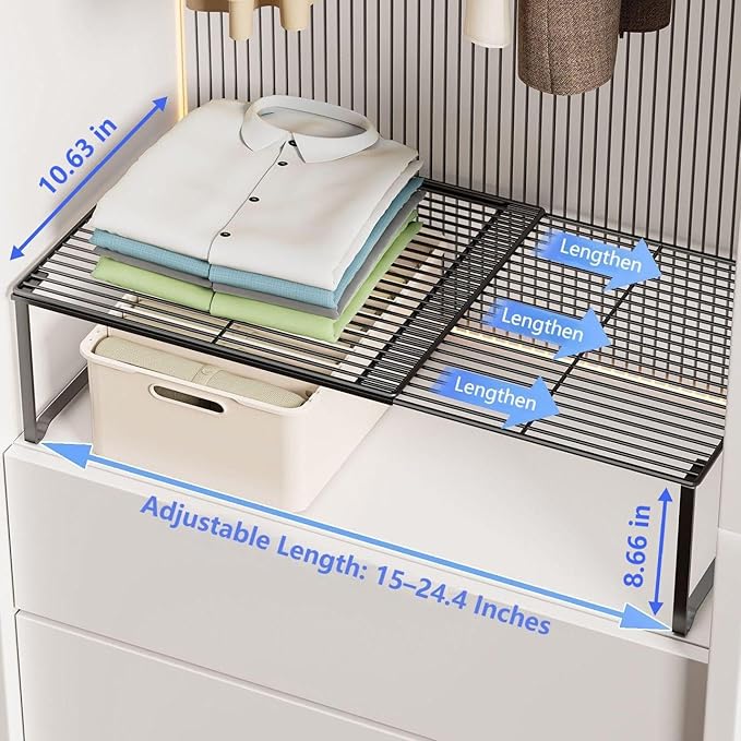 Extendable Metal Wire Shelf Organizer - Adjustable 15-24.4in Length, Stackable Storage Rack for Kitchen/Pantry/Bathroom/Shoe Cabinet/Tool Closet (1, White)