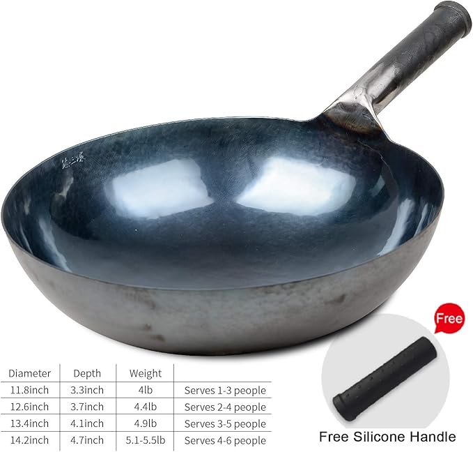 ?삡툒??ZhenSanHuan Chinese Hand Hammered Iron Woks and Stir Fry Pans, Non-stick, No Coating, Carbon Steel Pow (36CM, Blue Black - Seasoned)