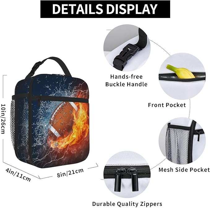 Sports-themed Football Lunch Box for Kids Teens Adults Boys Men, Insulated Leakproof Waterproof Reusable Lunch Bags with Water Bottle Holder, Portable Durable Cooler Tote Bag for School Work Travel