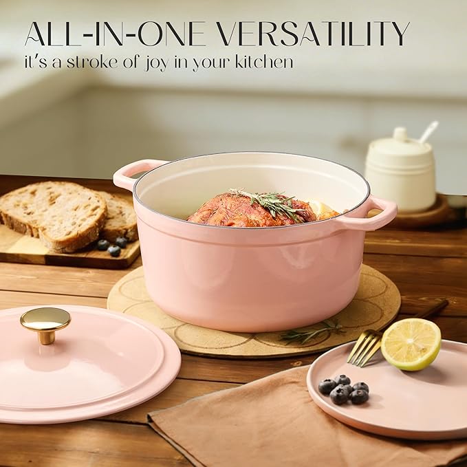 CAROTE 5QT Enameled Cast Iron Dutch Oven Pot with Lid, Heavy-Duty Dutch Ovens for Sourdough Bread Baking, Braising, Roasting, Dual Handles, Healthy & Non-Toxic, All Stovetop Compatible, Oven Safe up to 500째 F, Macaron Pink