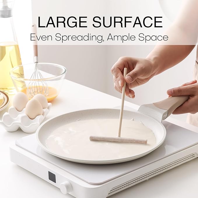 Kordisen Crepe Pan Nonstick, 10 Inch Healthy Coating Comales para Tortillas Dosa Pan with Spreader, Induction Compatible, PFOA Free (White)