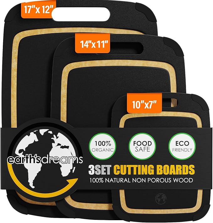 Earth?셲 Dreams Wood Cutting Board Set 3-Piece: Small, Large & Extra Large - Charcuterie Board, Non-Plastic, Non-Toxic, Heavy-Duty, Dishwasher Safe (Black/Tan)