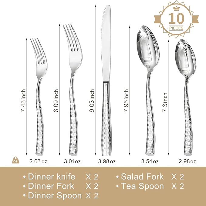 Kingstone Hammered Silverware Set, 10-Piece Flatware Set for 2, 18/10 Stainless Steel Heavy Duty Cutlery Set, Mirror Polished Utensil Sets for Home, Restaurant, wedding, Dishwasher Safe