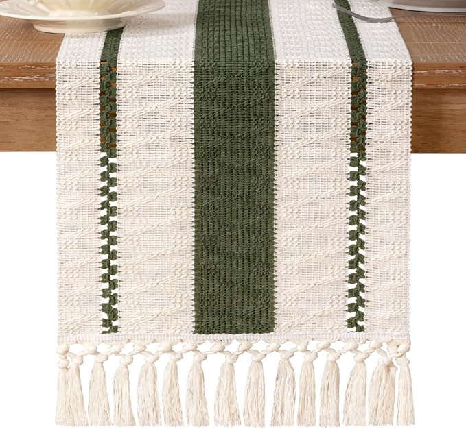 Socomi Boho Table Runner Valentine's Day Farmhouse Rustic Dining Kitchen Centerpiece Decor Small Macrame Woven Cotton Linen Coffee Table Runner for Dresser Scarf Home Decor 12x72 inch Olive Green
