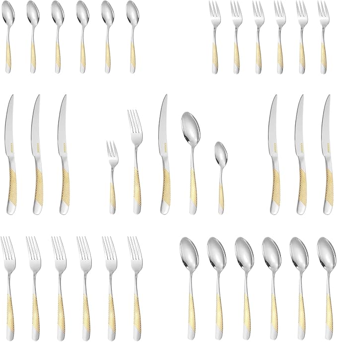 30-Piece Silverware Set, Luxury Gold Silverware Kitchen Flatware Sets Service for 6, Premium Cutlery Utensil Set with Dinner Knife Spoon Fork Set, Durable Stainless Steel Tableware Sets