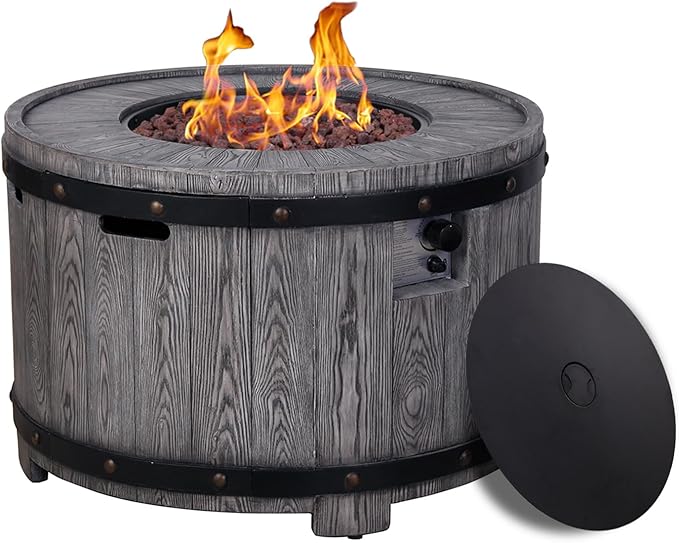 Afterglow Outdoor 36" Round TerraFdab Propane Fire Pit Table for Outside Patio Backyard Garden, Firepit Table with Weather Cover and Lava Rocks(Gas Tank not Included)竊?0000 BTU, Wood Look(Grey)