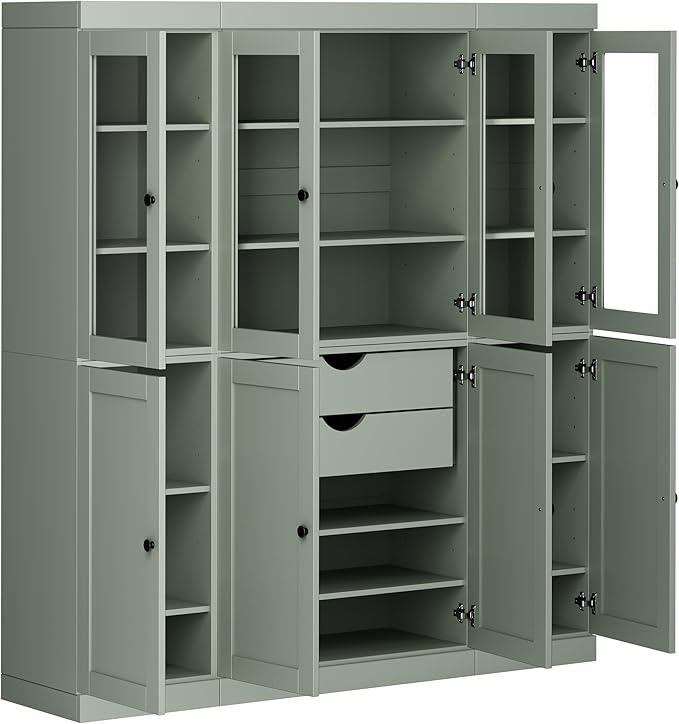 Palace Imports 100% Solid Wood Kitchen China Pantry Cabinet, 65" W - 4 Clear Glass & 4 Shaker Doors, Renewable Eco-Friendly Wood, Made in Brazil (Sage, 8 China/Shaker Doors | 2 Drawers)