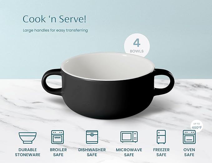 Kook Soup Crocks, Ceramic Bowls, Broil, Oven, Microwave and Dishwasher Safe, with Handles, For Casserole, Pasta, Cereal, 18 oz, Set of 4 (Black)