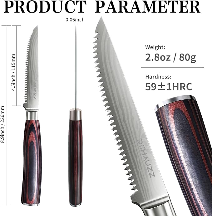 Steak Knives Set of 6, Serrated Steak Knife Set 4.5 Inch, Ultra Sharp Forged High Carbon Stainless Steel Dinner Knife with Ergonomic Pakkawood Handle, Damascus Pattern and Gift Box