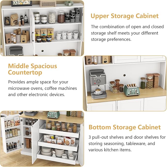 71" Tall kitchen Pantry Storage Cabinet, Modern Kitchen Hutch with 3 Pull-out Drawers, Kitchen Pantries with Microwave Stand & Door Shelf, Food Pantry with Adjustable Shelves for Dining Room (White)