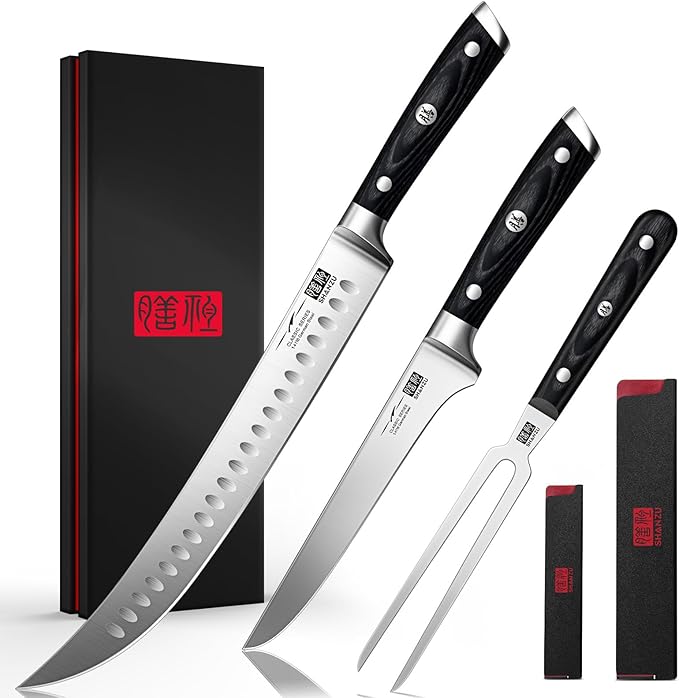 SHAN ZU 3Pcs Carving Knife Set with Sheath ??for Turkey, Meat, BBQ, Brisket, Razor Sharp Slicing Knife, Professional 5Cr15MoV Stainless Steel, Ergonomic Full Tang Wood Handle, Gift Box Included