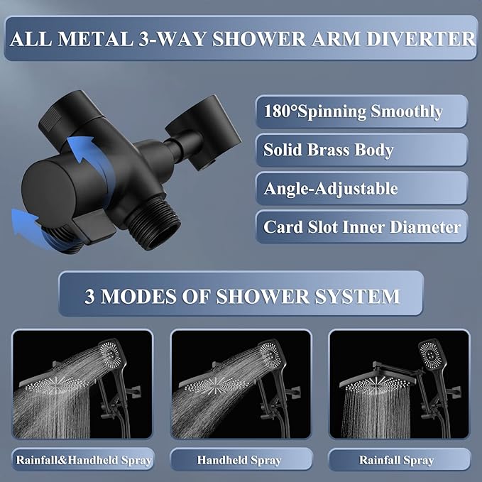 High Pressure Rain Shower Head with Handheld Spray Combo, 12 Inch Rainfall Shower Heads with Adjustable Extention Arm, Wide Dual Waterfall Showerhead with 3-Way Diverter(Matte Black)