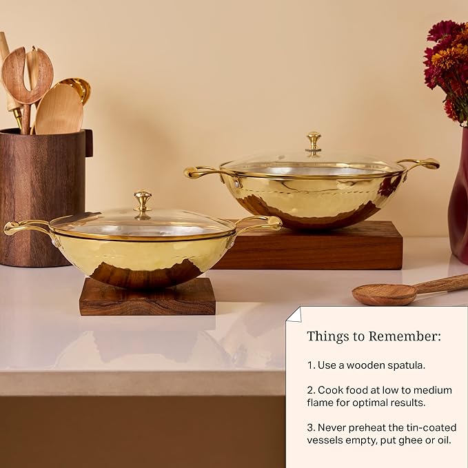P-TAL Brass Kadhai 1.5L with Insulated Heat-Resistant Handle and Glass Lid | 100% Pure Brass Tin Coated Kadai for Cooking | Non-Stick and Chemical-Free (Glass Lid 1.5 Litre)