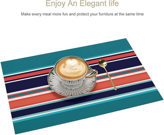Modern Navy Teal Coral Navy Stripes Placemat, Set of 4 Heat Resistant PVC Place Mats for Kitchen Table