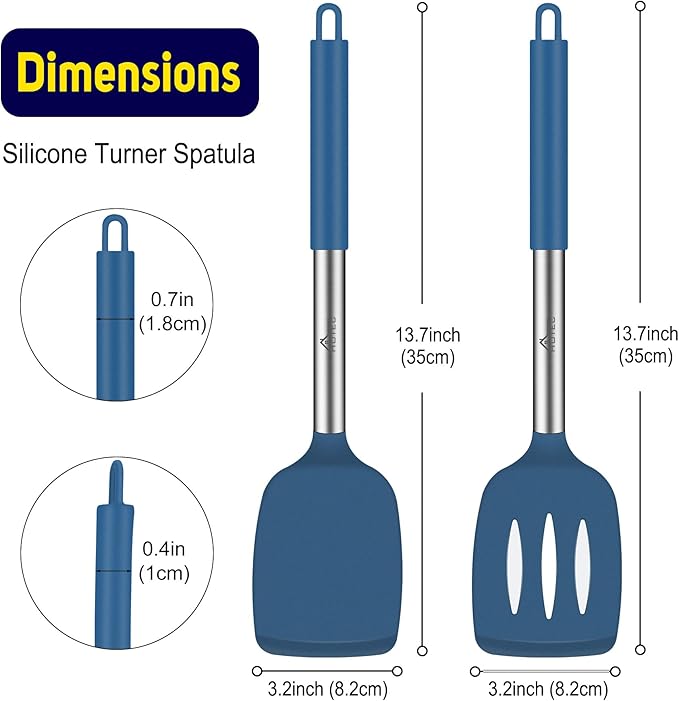 HOTEC Silicone Spatula Set of 2 Heat-Resistant 600째F & BPA-Free Kitchen SaptulaTurner with Stainless Steel Handles, Slotted & Solid Spatulas for Nonstick Cookware, 13.7 Inch, Classic Blue