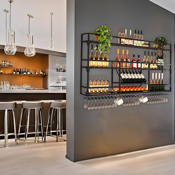 Wall Mounted Wine Rack, Floating Industrial Liquor Glass Holder 3 Tiers, Large Metal Wine Bottle Display Rack Hanging Shelf, for Home Bar Dining Room Decorative (Black-B, 47.24x35.43x9.84in)