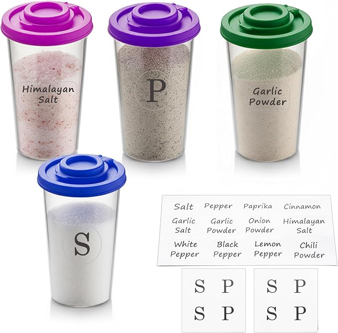 Plastic Salt and Pepper Shakers Set with 4 Color Lids & 20 Labels ??Clear Spice Jars, Reusable, Refillable Seasoning Containers for Kitchen, Cooking, Baking ??Easy Storage & Organization