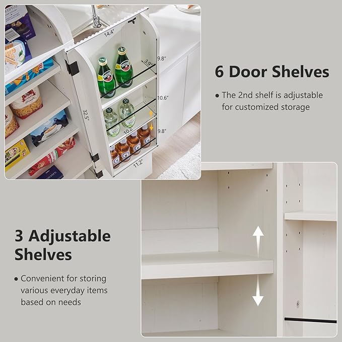 71" Tall Arched Kitchen Pantry, Modern Fluted Wood Storage Cabinet with 4 Doors, 3 Adjustable Shelves, 6 Door Shelves, Organizer, Versatile Cupboard for Kitchen, Bathroom, Antique White