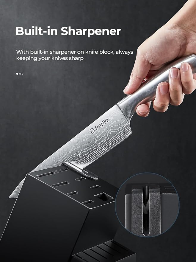 Knife Set, 16 PCS D.Perlla Kitchen Knife Set with Block and Sharpener, High Grade Stainless Steel Knife Set, Ultra Sharp & Rust Resistant Knives, Black