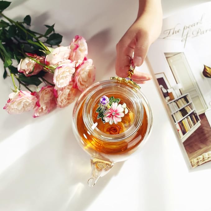 Luka Tech 35OZ Enamel Glass Flower Teapot With Removable Loose Tea Leaf Infuser Tea Maker,Gifts For Women,Mom,Mothers Day,Christmas,Birthday,Valentines Day