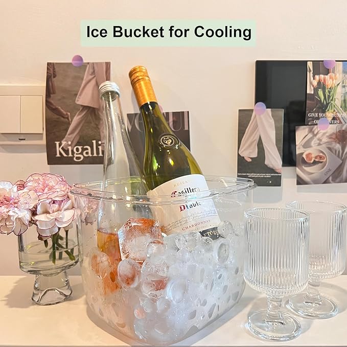 Portable Ice Bucket with Lid & Tong for Outdoor Camping, Clear Plastic Storage Bin for Freezer, Refrigerator, Whiskey, Wine, Cocktail Party, Big Cube Mold Tray for Ice Bath