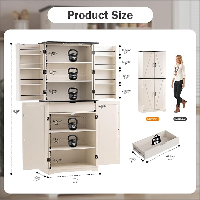 COSIEST 72'' Kitchen Pantry Cabinet, Tall Storage Cabinet with Organizer, Drawer and Adjustable Shelves, Freestanding Cupboard, Storage Cabinets for Kitchen, Dining Room, Bathroom, Off White