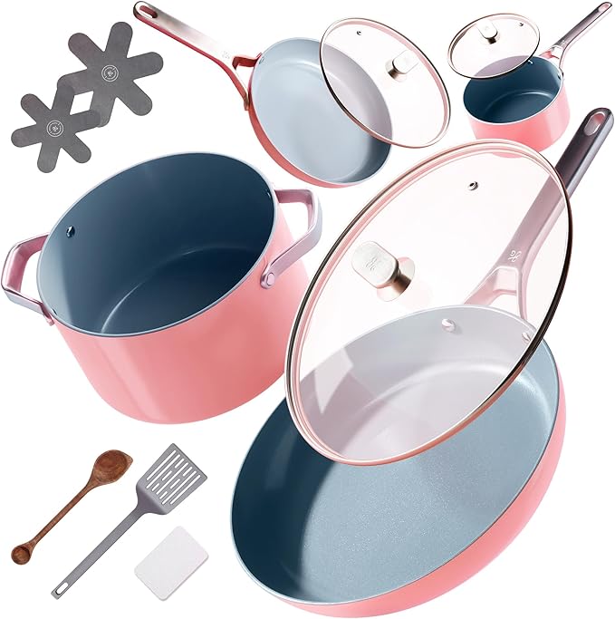 Premium Non-Toxic Ceramic Cookware Set ??Triple-Layer Nonstick 12 Piece Pots and Pans with Lids, PFAS-Free, Oven Safe for Healthy Meals, Space-Saving Design, Coral Pink Color | Greater Goods