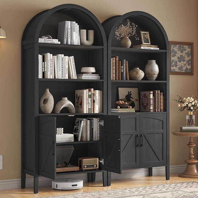 ONBRILL 71" Tall Arched Bookshelf, 5-Tier Arched Bookcase with Door & Storage Cabinet, Farmhouse Display Bookshelf Cabinet with Adjustable Shelf, Freestanding Wood Bookcase for Home Office, Study