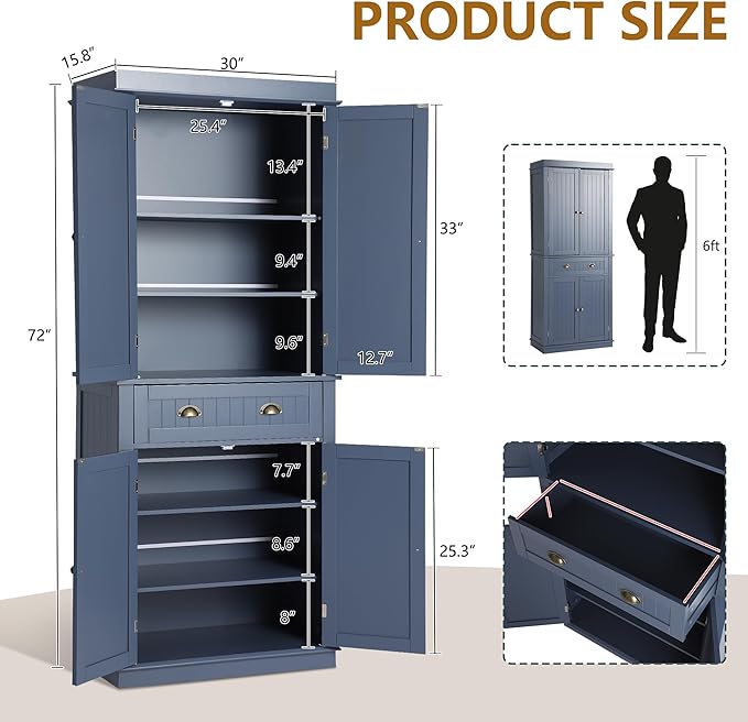72" Kitchen Pantry Storage Cabinet, Freestanding Cupboard with 2 Cabinets, Drawer and Adjustable Shelves, Tall Storage Cabinet for Kitchen, Dinning Room, Living Room (Dusty Blue)
